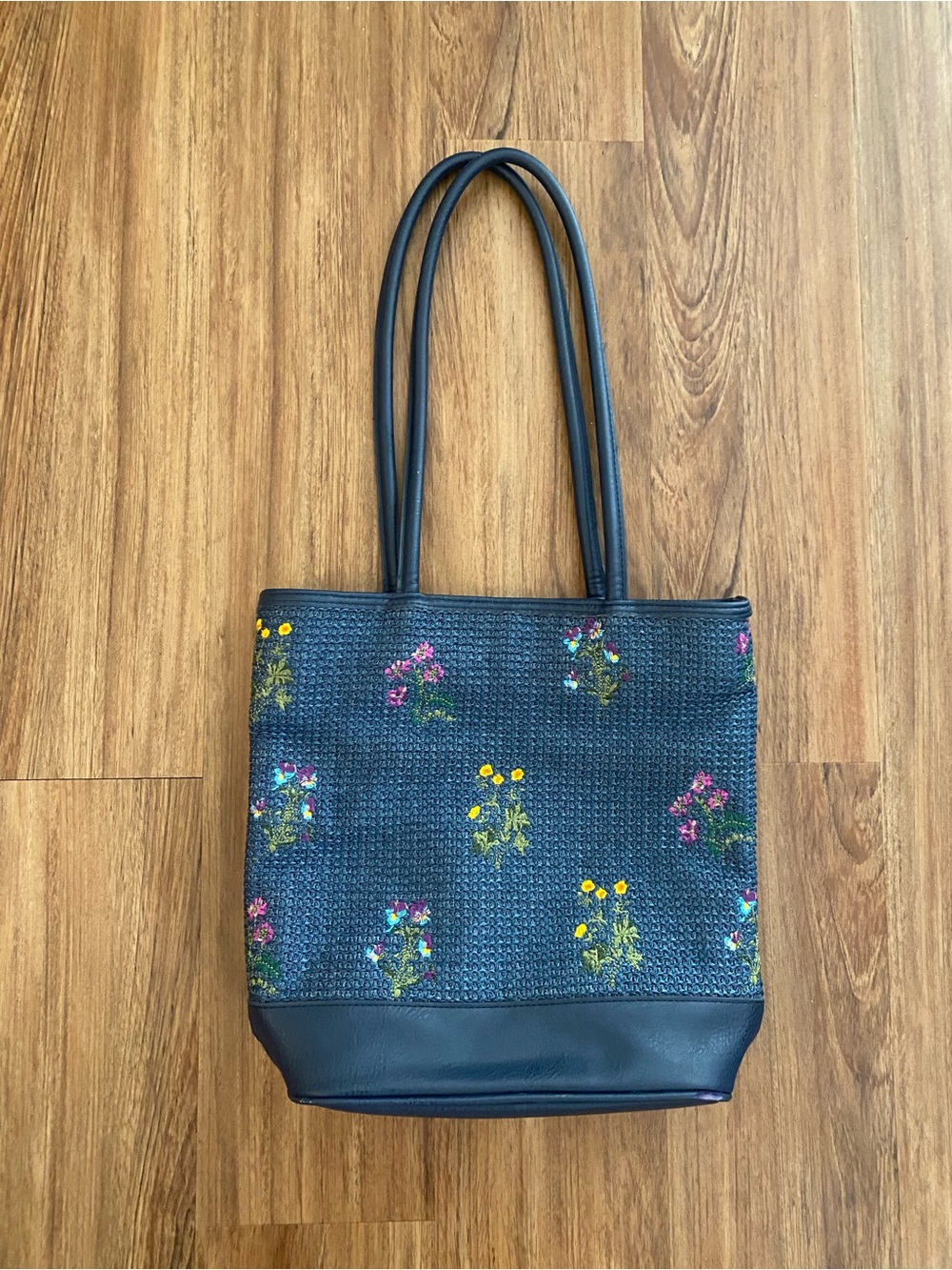 Bueno Navy Woven Shoulder Bag with Floral Embroidery